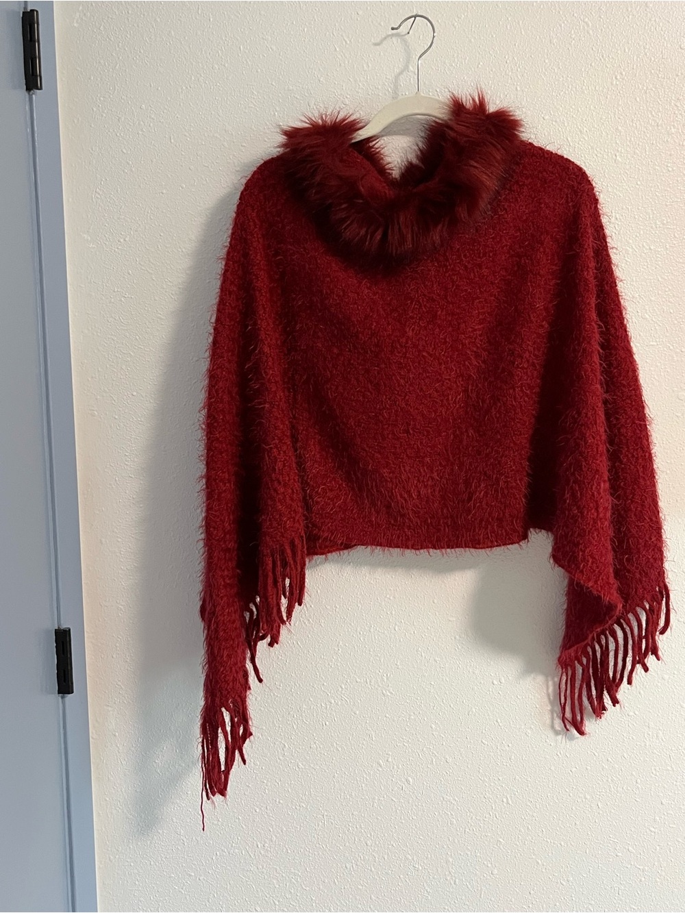 Faux-Fur Trim Red Fringe Poncho Sweater